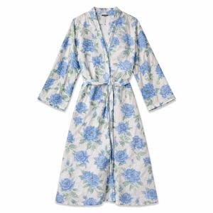 Vintage Regence France Blue Rose Boho Robe Cotton Housecoat Cotton Cottagecore